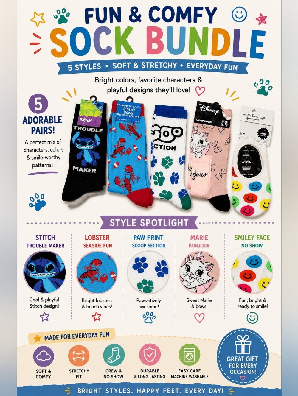 6-Pair Character Sock Bundle -Stitch is a 2pk